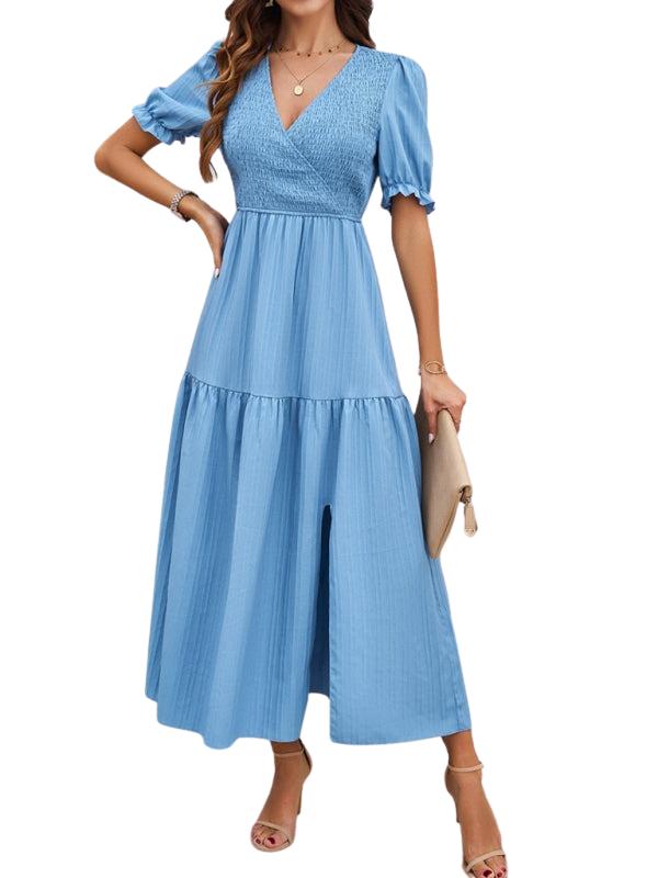 SHOPIQAT New Spring and Summer Solid Color Temperament V-Neck Short-Sleeved Long Skirt - Premium  from shopiqat - Just $10.750! Shop now at shopiqat